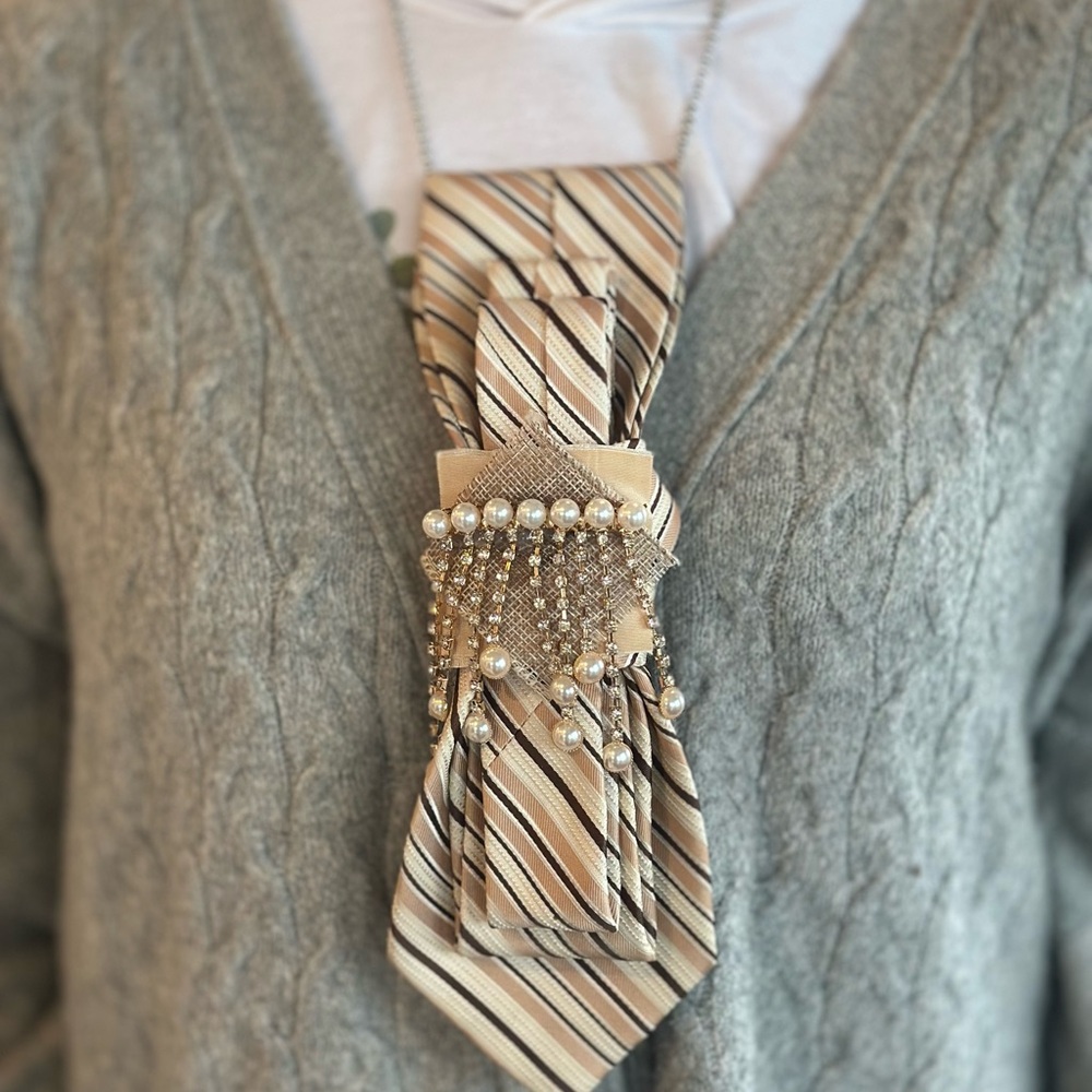 Striped Tie with Pearl Embellishments